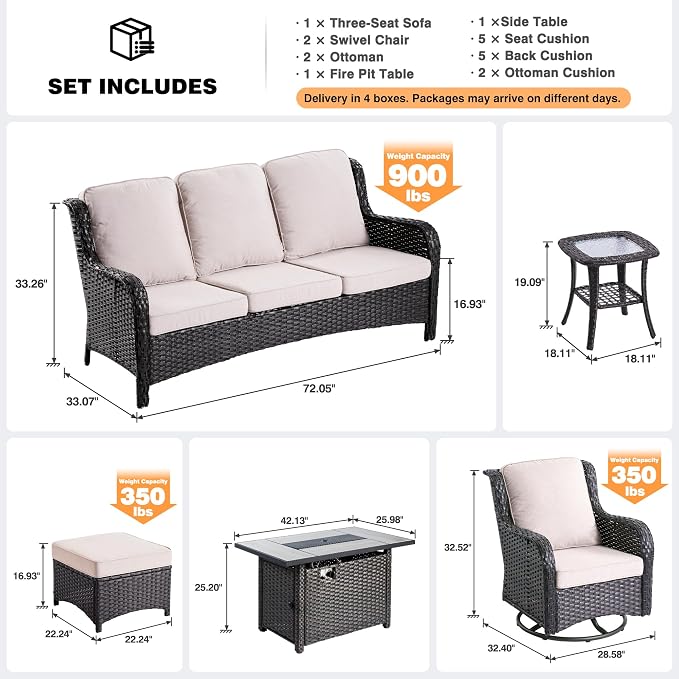 ovios 7-Pieces Patio Furniture Set with 42" Fire Pit Table Swivel Chairs, Outdoor Wicker Sofa Couch Gliders Rocker, High Back Modern Conversation Set, Brown Rattan, Beige