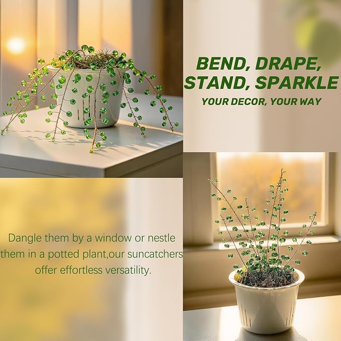 6 Pcs Crystal Beaded Suncatchers Artificial Green Plants Hanging Wind Chime | Beaded Glass Plant Suncatcher with Chain for Window Indoor Outdoor Potted Plants Decorations Plant Lover Gift