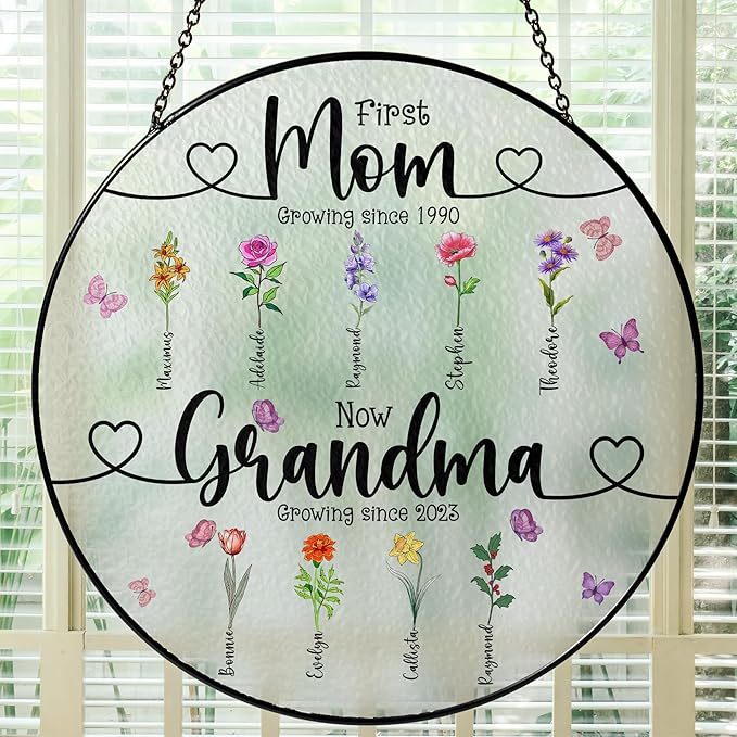 Personalized Birth Flower First-Now Grandma's Garden Stained Glass Window Hanging Suncatcher - Mother's Day, Birthday Gift for Mom, Grandma, Family, Custom Title, Names, Flowers