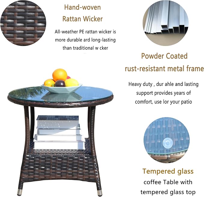 Outdoor Patio Round Coffee Table with Clear Tempered Glass Top Ideal for Garden Deck and Outdoor Entertaining Space-Saving Design