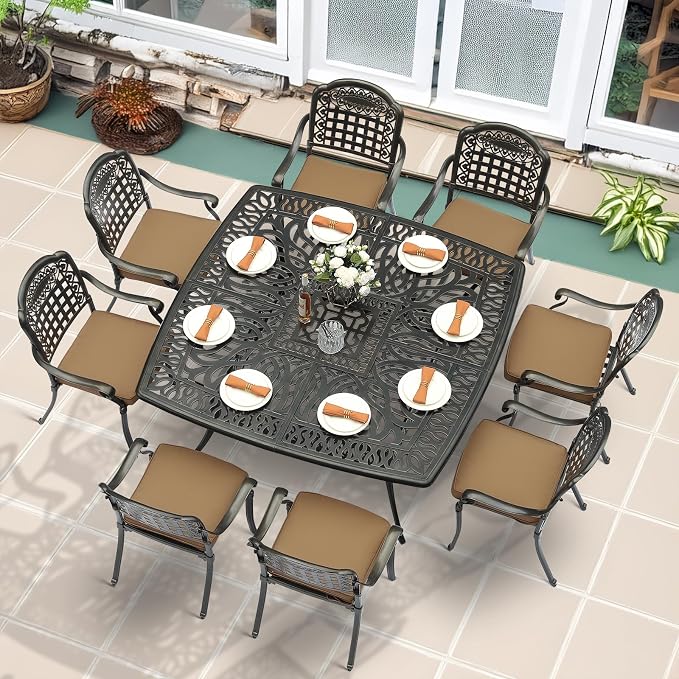 MEETWARM 9-Piece Outdoor Furniture Dining Set for 8, All Weather Cast Aluminum Patio Dining Set- Large 64" Square Table with Umbrella Hole and 8 Cushioned Chairs, Patio Table and Chairs Set, Khaki
