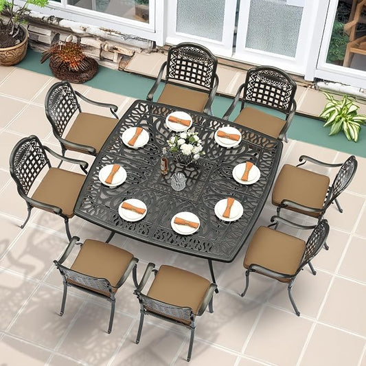 MEETWARM 9-Piece Outdoor Furniture Dining Set for 8, All Weather Cast Aluminum Patio Dining Set- Large 64" Square Table with Umbrella Hole and 8 Cushioned Chairs, Patio Table and Chairs Set, Khaki
