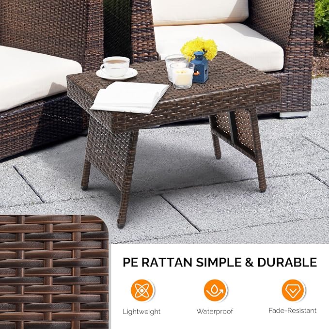 VINGLI Outdoor Folding Rattan Side Table, Portable Wicker End Table for Patio, Garden, Poolside, and Indoor Use, Mix Mocha