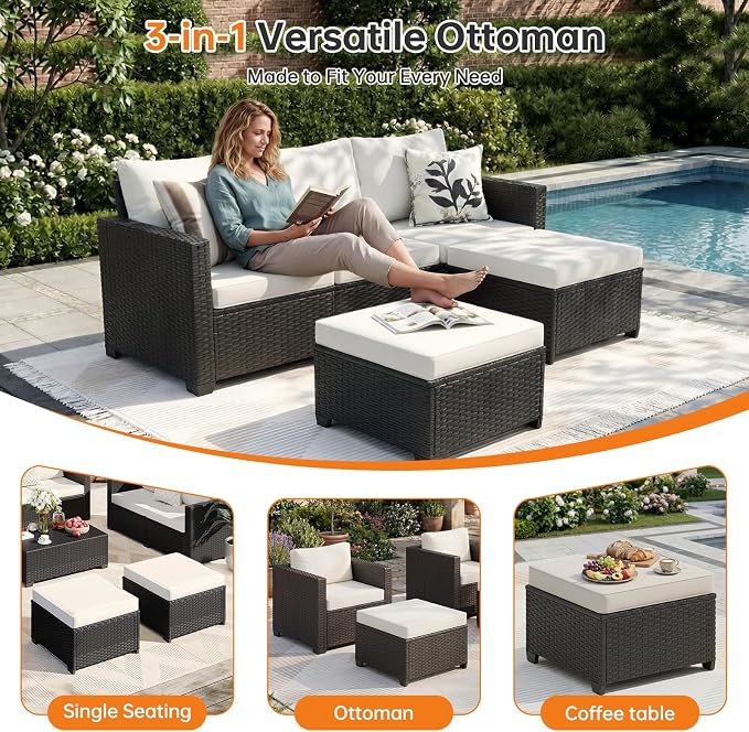 LazySunsets 5-Piece Outdoor Patio Furniture Set, Rattan Outdoor Sectional with Thick Waterproof Cushions, Wicker Ottomans & Waterproof Cover, Patio Conversation Set for Garden, Backyard, Beige