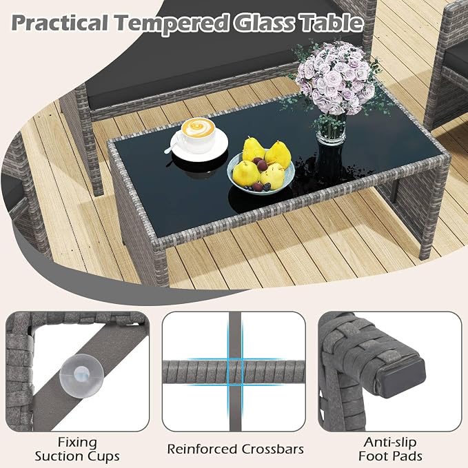 RELAX4LIFE 4-Piece Patio Furniture Set - Wicker Rattan Outdoor Sectional Sofa Set w/Glass Coffee Table, Loveseat, 2 Single Chairs & Soft Cushions, Bistro Conversation for Garden Porch (1, Black)