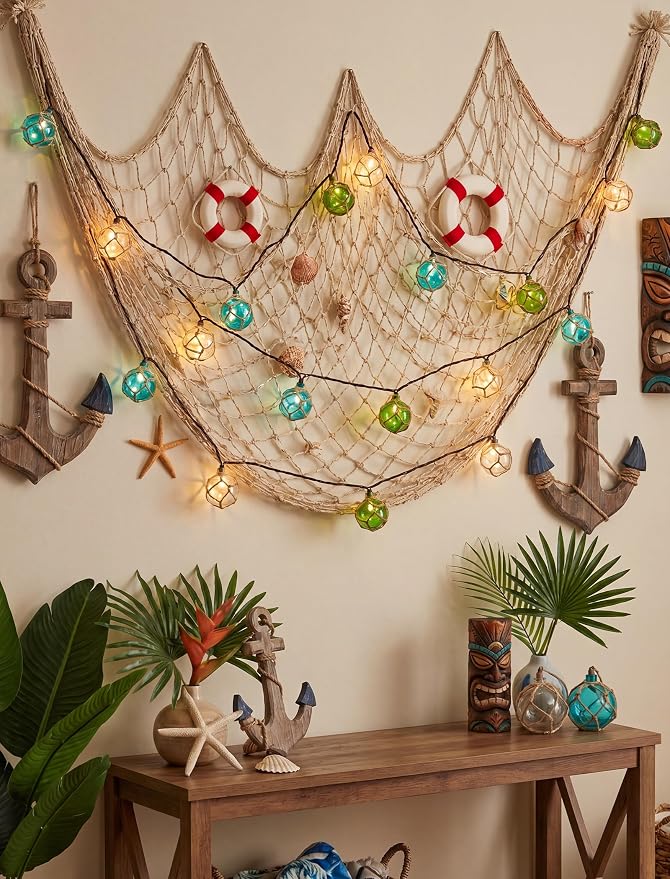 8.5Ft 10L Nautical Fish Float String Lights，Plug in Beach Themed Buoy Light | 1 Pack Fish Net, Connectable, Wall Hanging Fairy Lights for Indoor Home, Outdoor Patio Decorations - Blue/Green/White