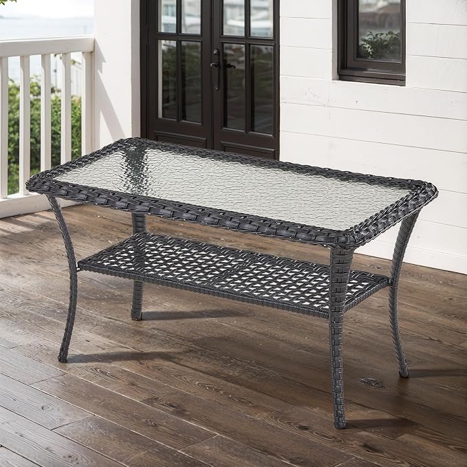 Belord Outdoor Coffee Table for Patio - 40 Inch Rattan Patio Coffee Table with 2-Layer Storage, Rectangular Tempered Glass Outdoor Wicker Table for Porch Balcony Deck Brown
