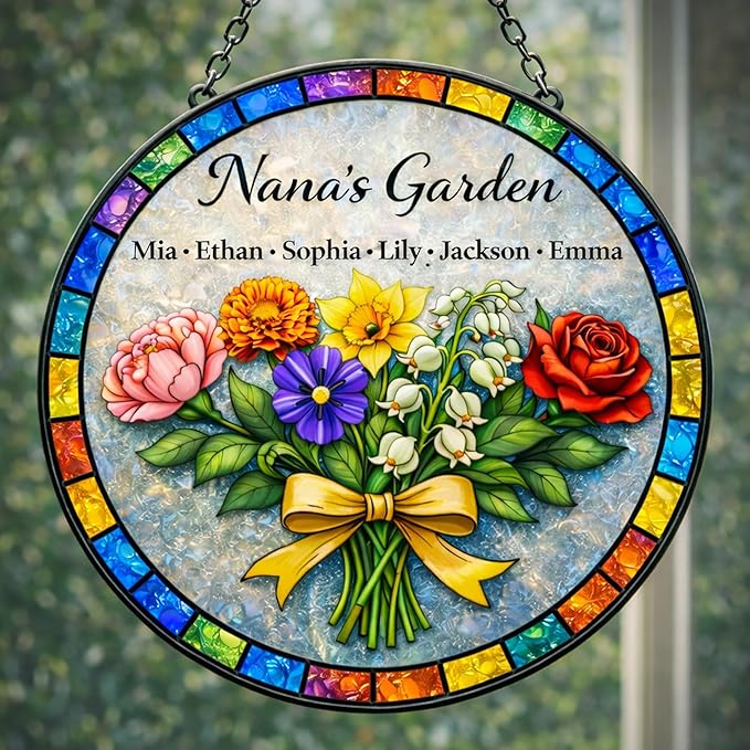 Personalized Mother’s Day Suncatcher Round – Custom Birth Flower Suncatcher for Mom Grandma – Stained Glass Style Personalized Gift with Kids Names for Mom Nana Grandma