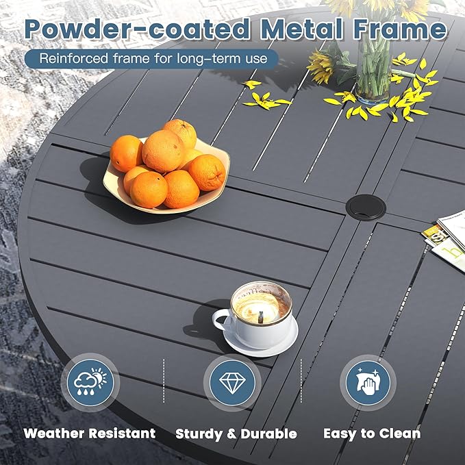 DIFY 47.2" Round Outdoor Patio Dining Table for 6, Metal Patio Table with 1.57" Adjustable Umbrella Hole, All-Weather Outdoor Furniture Table for Garden Backyard Deck, Grey