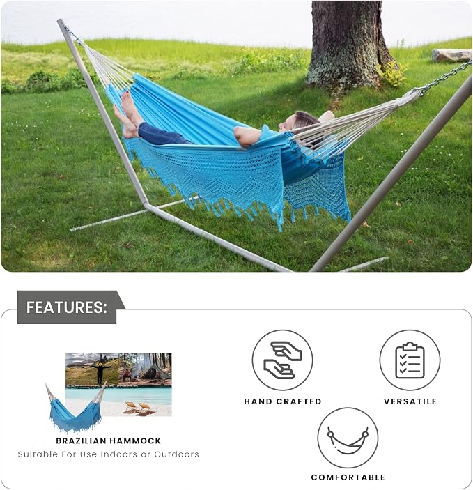 Bahia Brazilian Patio Hammock Crochet Cotton Hammock Double Hammock for Two People Outdoor Patio Swing Chair Hand Woven Mayan Hammock Use Inside Outside Backyard Decor Porch Swing - Blue