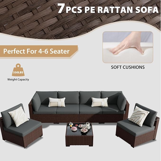 KIGOTY 7-Piece Patio Furniture Set, All-Weather PE Rattan Outdoor Sectional Sofa, Modular Wicker Conversation Set with Thick Cushions & Easy-Clean Coffee Table（Brown/Dark Grey）