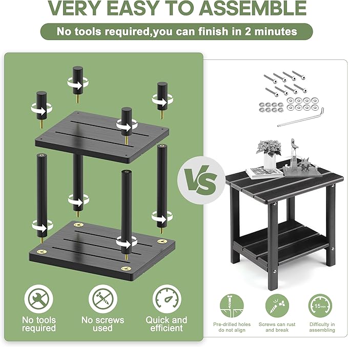 LEJANEOYE Outdoor Side Table, 2-Tier Small Outdoor Table for Patio, Adirondack Side Tables for Outside or Indoor, Bamboo End Table for Pool, Porch, Weather Resistant Easy Maintenance-Black