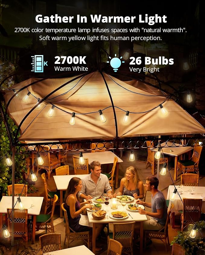 VIPAR Outdoor String Lights, 60FT LED Patio Lights Waterproof 28 ST38 Bulbs | Shatterproof,Edison Outside Lights,Plug-In,2700K Dimmable, Connectable, Hanging Light for Porch Garden Backyard Deck Balcony