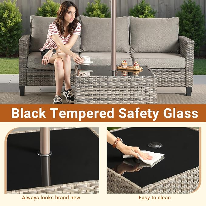 HOOOWOOO Outdoor Patio Side Table with Umbrella Hole,Wicker Coffee End Table Glass Top,Umbrella Table with 1.64" and 2" Hole for Yard,Deck,Porch,Garden(Rectangle Brown)