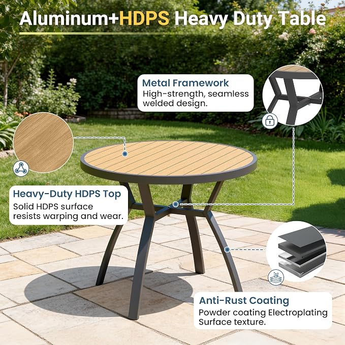 Aluminum Outdoor Table for All-Weather, 35.4" Patio Tables with Heavy Duty HDPS Round Tabletop, Outside Table with Quick-Drying Slatted Design for Porch, Patio, Garden, Deck, Poolside, Backyard