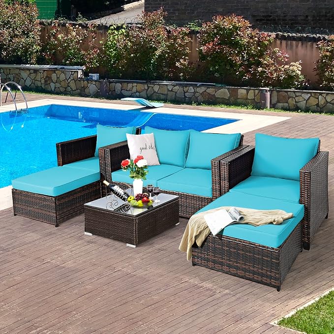 Tangkula 5 Pieces Patio Wicker Furniture Set, Outdoor Rattan Sofa Set with Loveseat, 2 Single Sofas, 2 Ottomans & Removable Cushions, Sectional Daybed Sofa Set for Yard, Garden, Poolside, Turquoise