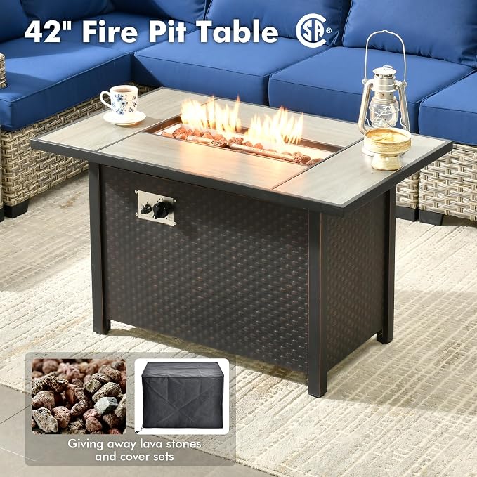 Weaxty 9 Pieces Wide Seats Outdoor Furniture Set, Sectional Couch Swivel Rocking Chair Ottoman Fire Pit Table, Thick Cushion All-Weather Rattan Patio Conversation Sets for Backyard Deck, Navy Blue