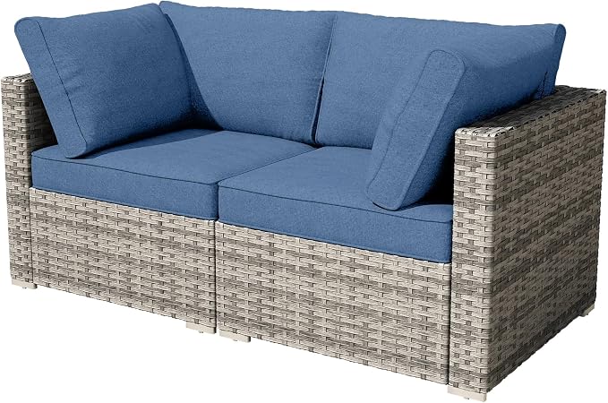 Weaxty 2 Pieces Patio Furniture Sets Corner Seats, Wicker Outdoor Sectional Sofa with Thicken Cushion, Patio Conversation Couch Set for Porch, Balcony,Yard, Poolside, Denim Blue
