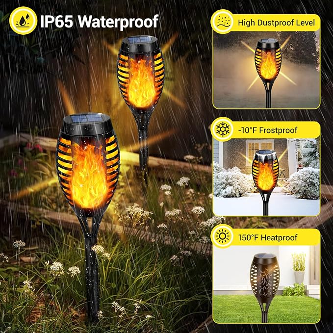 Solar Torch Lights Outdoor Flickering Flame for Halloween Decorations | Upgraded 10 Pack Flame Halloween Solar Lights Outdoor for Garden Decor, Tiki Torches for Outside Yard Patio Pathway Decor