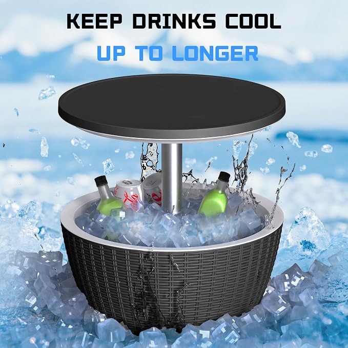 3-in-1 Outdoor Cocktail Table w/Built-in 8Gal Wine Cooler & All-Weather Ice Bucket - Adjustable Patio Bar Height Cooler Table for Poolside, Backyard, Outdoor Bar, Party & Picnic