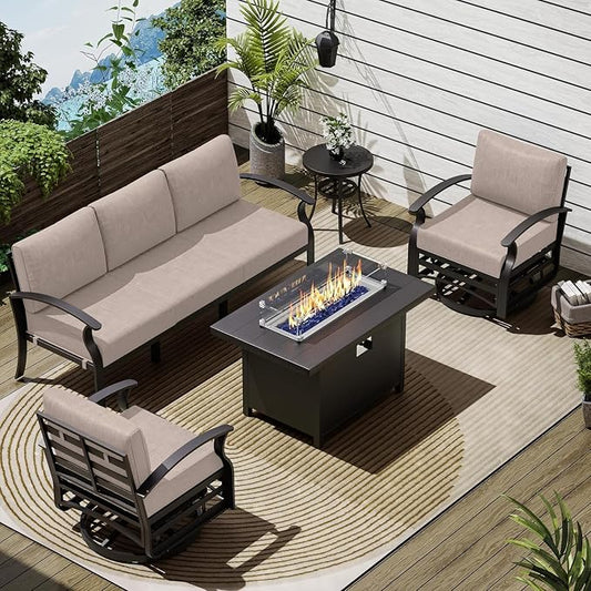 Patio Furniture Set 5-Piece Aluminum Armrest Sofa, Modern Outdoor Living Room Set with 55000 BTU Propane Aluminum Fireplace, Outdoor Rotary Joystick with Thick Cushion