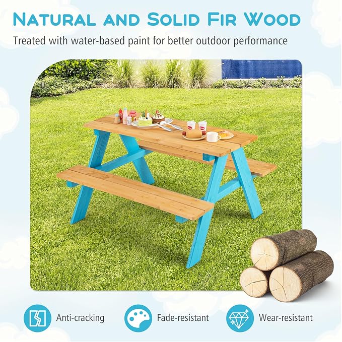 Costzon Kids Picnic Table, Fir Wood Children’s Activity Table with Benches, Toddler Patio Furniture Set, Kids Table and Chair Set for Outdoors, Backyard, Garden, Lawn, Gift for Boys Girls 3+