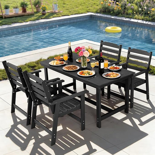 FUNBERRY Outdoor Dining Set, HDPE 5 Piece Dining Table Set with Chairs | 2" Umbrella Hole Table, Wood-Grain, HDPE All Weather, No Rot or Rust or Crack, UV Fade Shield, Easy-Clean for Outside