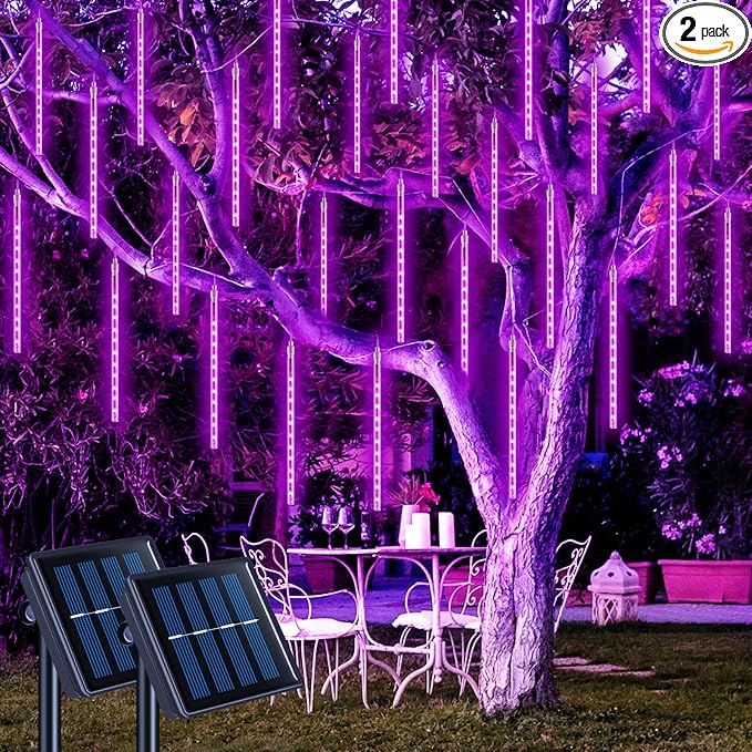 JMEXSUSS 2 Pack Purple Solar Halloween Lights, 16 Tube 288 LED | Solar Meteor Shower Rain Lights, Christmas Light Outdoor Waterproof for Tree Halloween Christmas Decorations
