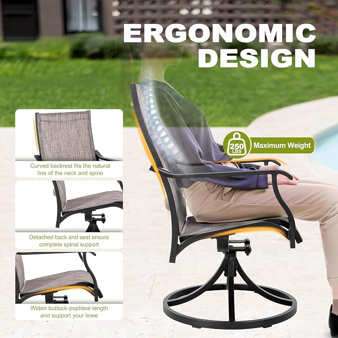 NUU GARDEN 5 Piece Outdoor Dining Set, Aluminum Patio Dining Table with 1.97" Umbrella Hole and 4 Textilene Swivel Chairs, Weather-Resistant Patio Furniture for Garden Backyard, Brown and Black