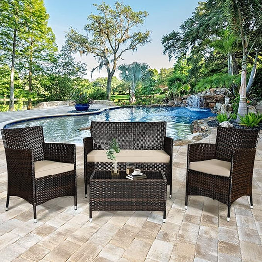 4 Pieces Patio Sofa Set, Wicker Conversation Set with Ergonomic Curved Backrest, Patio Rattan Furniture Set with Water-Resistant Cushion & Tempered Glass Table for Balcony, Porch (Brown)