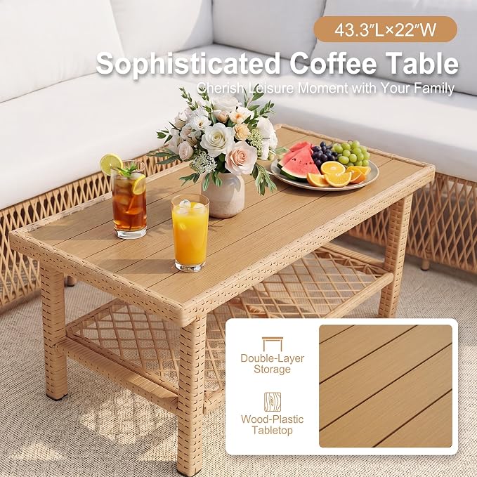Outdoor Sectional 6-Seater Large Luxury Patio Furniture Set Modular L-Shaped Outdoor Furniture with Thick Cushion All Weather Wicker Boho Patio Conversation Sets for Deck, Backyard