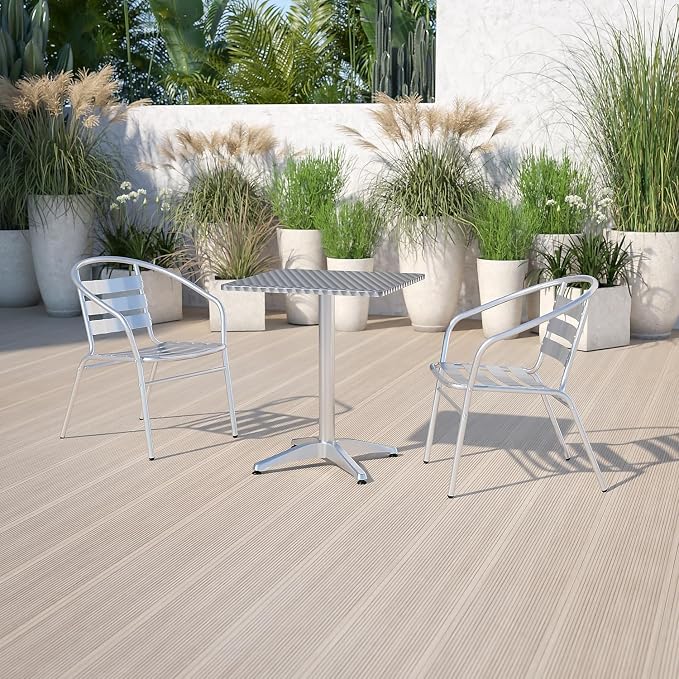Pemberly Row Square Aluminum and Steel Bistro Table, 23.5 in, Stainless Steel Top, Lightweight Design, All-Weather Indoor/Outdoor Use, Patio Dining Table for Home, Cafe, Restaurant