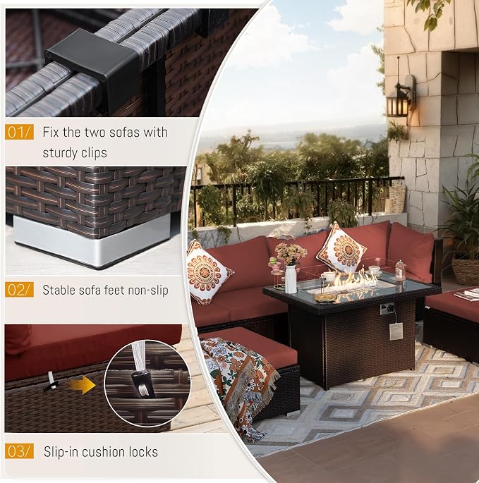 BULEXYARD 7-Piece Outdoor Patio Furniture Set with Propane/Natural Gas Fire Pit Table, Comfortable High-Back Sectional Couch Sofa, All-Weather Heavy Duty Backyard Seating, Brown Rattan & Red Cushion