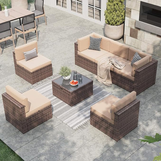 Aoxun 7 Piece Patio Furniture Set, All-Weather Wicker Outdoor Furniture 6 Seats Patio Conversation Sets with Storage Coffee Table, Outdoor Sectional Sofas for Backyard Garden(Brown/Khaki)