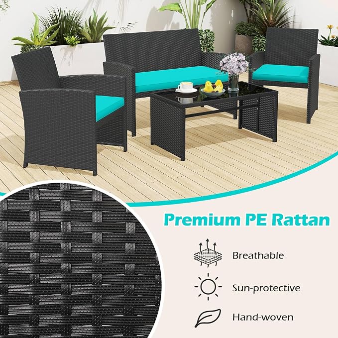 RELAX4LIFE 4-Piece Patio Furniture Set - Wicker Rattan Outdoor Sectional Sofa Set w/Glass Coffee Table, Loveseat, 2 Chairs & Soft Cushions, Bistro Conversation for Garden Porch (1, Black-Turquoise)