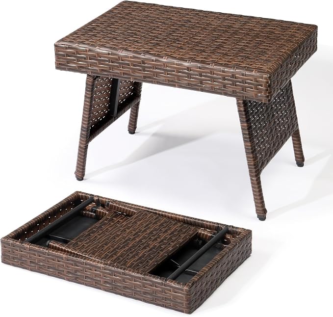 Rattan Folding Patio Side Tables for Outside, Portable & Lightweight Compact Foldable Wicker End Table Small Coffee Table for Poolside Lawn Garden Balcony