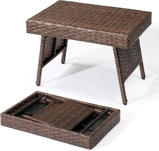 23.6" Rectangular Patio Side Table,Small Folding Wicker End Tables,All-Weather Rattan Coffee Table,Bistro Dining Tables,with Steel Frame,for Lawn Garden Backyard Deck Porch Poolside Balcony (Brown)