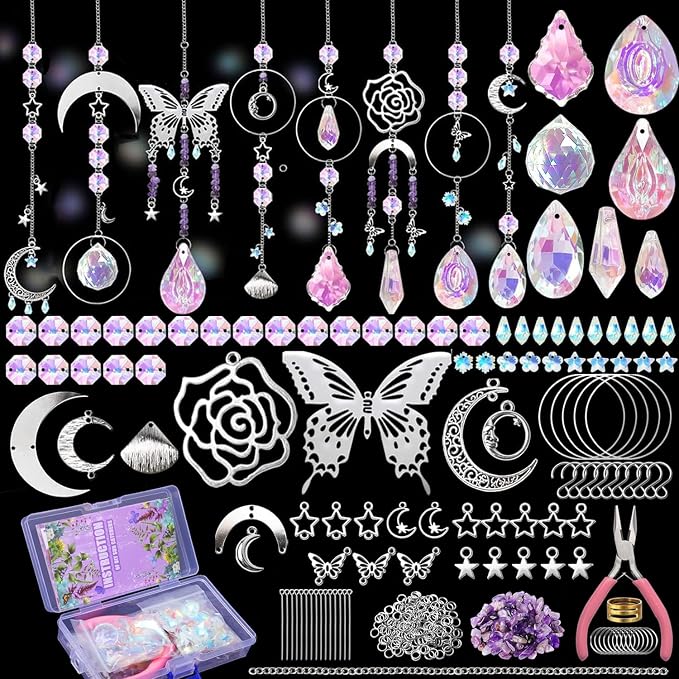 WASTROYAL 400pcs Suncatcher Kit, Crystal Prisms, DIY Hanging Window Decor | 8Set DIY Suncatcher Kit, Crystal Prisms Hanging for Window/Garden, Butterfly Rainbow Decor, Adults Art Crafts Gift with Guide