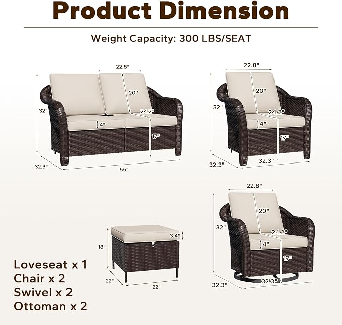 7 Piece Patio Wicker Conversation Set, All-Weather Use Outdoor Wicker Loveseat with 2 PE Rattan Ottomans,2 Chair, 2 Swivel Chair, Ideal for Porch, Backyard, Balcony, Poolside, Beige