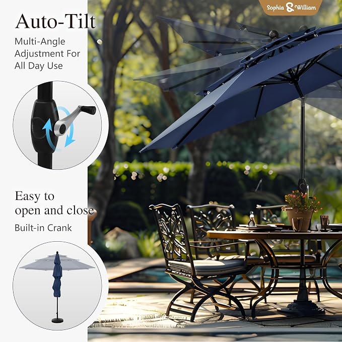 Sophia & William Patio Dining Set for 4 with 10ft 3 Tier Auto-tilt Umbrella, Outdoor Table Furniture Set with 4 x Metal Outdoor Chairs, 1 x Metal Square Dining Table and 1 Navy Blue Patio Umbrella