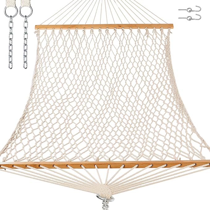 GAFETE Double Hammocks for Outside, Handwoven Traditional Cotton Rope 2 Person Hammock with Hardwood Spreader Bar, Chains & Hooks for Indoor Outdoor, Max 450 lbs Capacity (Natural Beige, Medium)