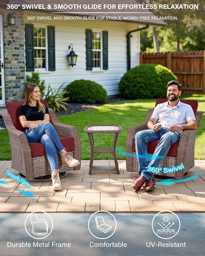 Belord Luxurious 7 Piece Patio Furniture Set with Fire Pit Table, High Back Swivel Rocker Glider Outdoor Chairs with 6" Cushion, All-Weather Patio Conversation Set for Yard Garden Brown Wicker