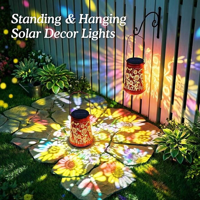 2 Pack Sunflower Solar Lanterns Outdoor Solar Lights | Sunflowers & Dragonfly, Waterproof Metal Hanging Lights for Patio, Pathway & Yard, Garden Decor Gifts for Women Mom & Grandma