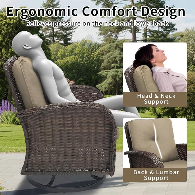 Outdoor Swivel Rocker Patio Chairs 3 Pieces，Swivel Patio Chairs with Cushions，Outdoor Swivel Rocking Chairs Set of 2 with Rattan Side Table，Patio Furniture Set for Outside Porch Deck