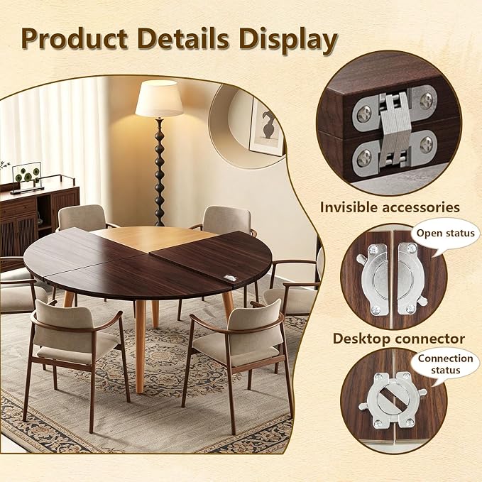Round Folding Table Top Extender, 4 Fold Portable Wood Tabletop No Legs, Multiple Size Optional Replace Desktop, Space Saving Dining Extender for Indoor Outdoor Patio Banquet (Walnut, 47.2in)