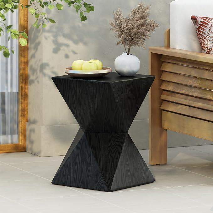Christopher Knight Home Square Side Table, Concrete Outdoor Accent Table with Wood Grain Finish Modern Design, Ideal for Patio, Garden, Balcony, Living Room, Black