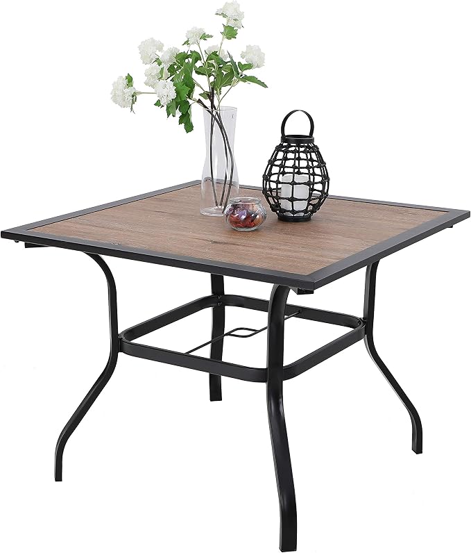 PHI VILLA 37" Square Patio Dining Table Outdoor Furniture Table for Backyard Bistro Garden Deck, Imitation Wood Table Top, 1.57” Umbrella Hole