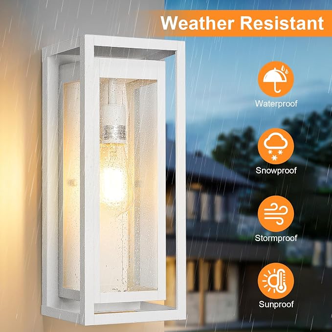15" Large Outdoor Light Fixture Wall Mount, White Outdoor Sconce Lights, Modern Waterproof Exterior Porch Lights with Clear Glass Shade for Front Door, Garage, 1 Pack