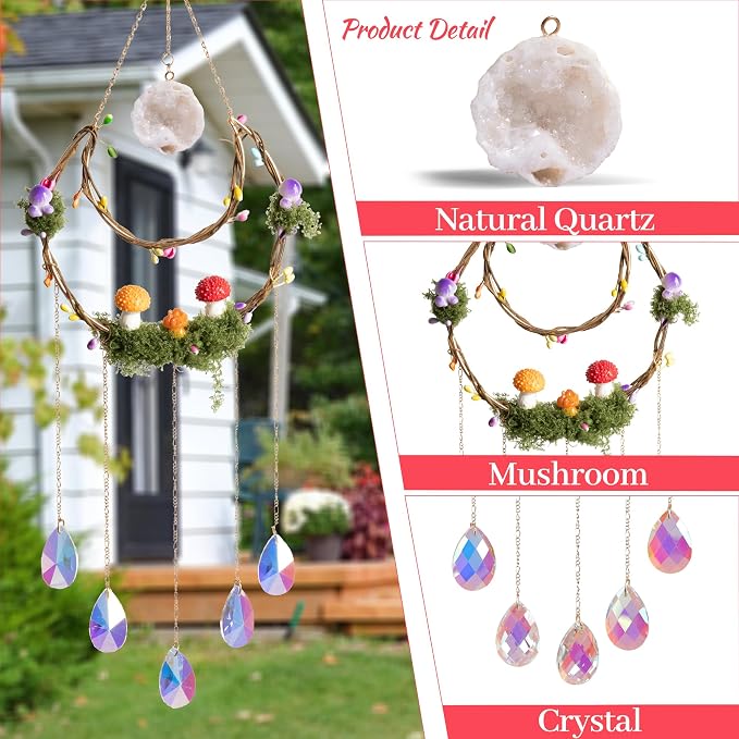 Mushroom Sun Catcher for Window Garden Decor - Mushroom Home Decor | Piece with Healing Amethyst, suncatcher Crystal Hanging Indoor Suncatcher Outdoor Wall Rainbow Maker Perfect Ornaments House