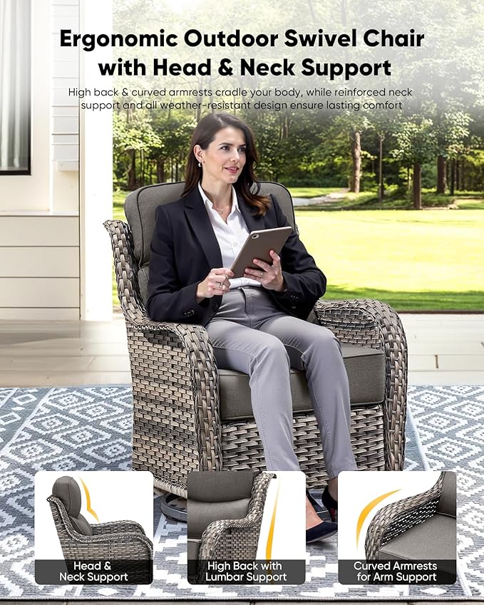 HUMMUH 9 Pieces Wicker Outdoor Furniture Set 6-inch Cushions High Back Patio Sofa Swivel Rocker Chairs Set of 2 with Coffee Table for Porch,Deck,Backyard